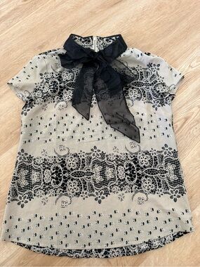 Black Lace-Print Bow Neck Women's Top